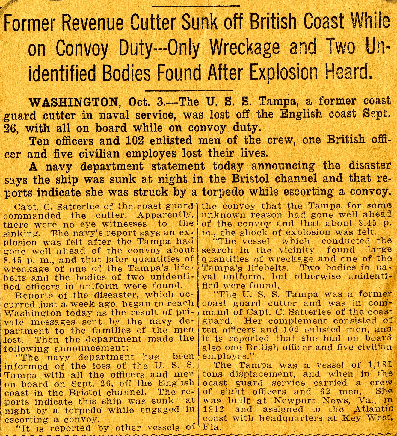 A newspaper headline regarding the loss of Tampa. Many Tampa families read the newspapers before receiving notification from the Navy. (U.S. Coast Guard)